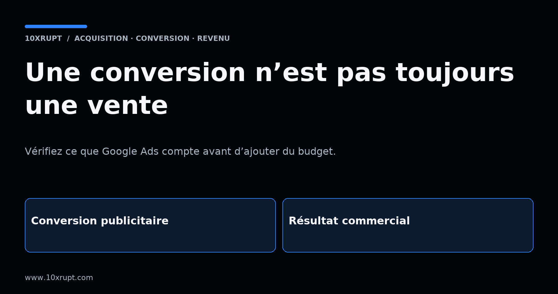 Deux encadrés comparent une conversion publicitaire et un résultat commercial, sur fond sombre avec des accents bleus.