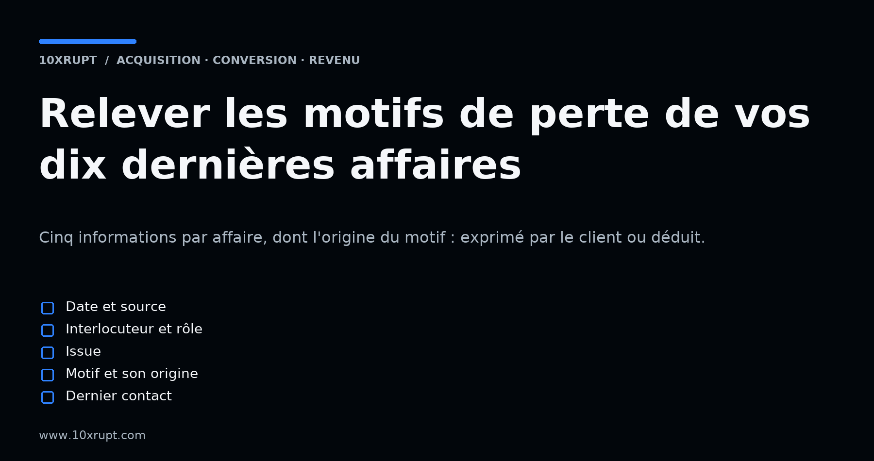 Liste de contrôle en cinq points pour relever les motifs de perte de ses dix dernières affaires : date et source, interlocuteur et rôle, issue, motif et son origine, dernier contact.