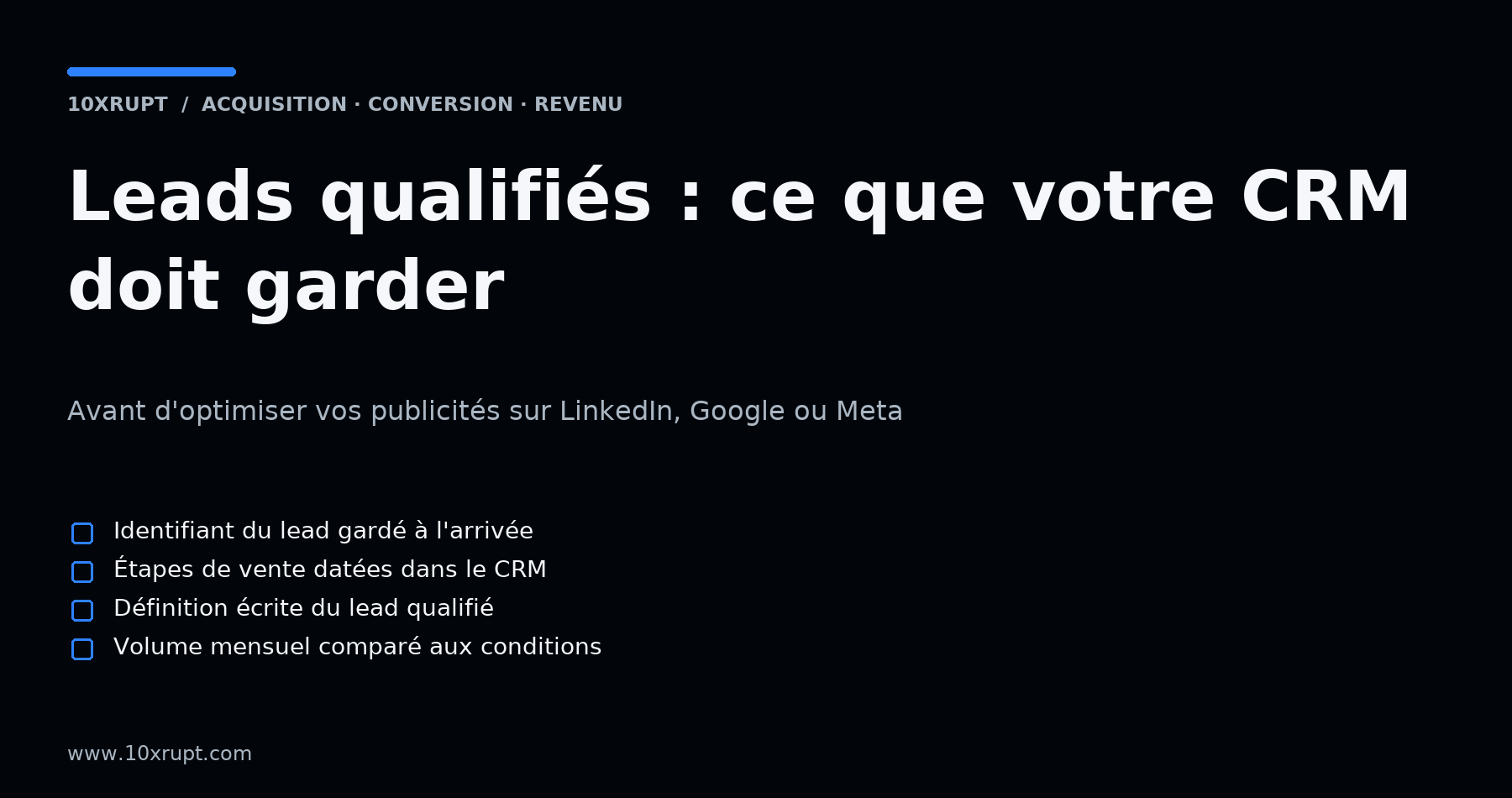 Liste de contrôle en quatre points pour préparer son CRM à l'optimisation des publicités sur les leads qualifiés : identifiant du lead gardé à l'arrivée, étapes de vente datées, définition écrite du lead qualifié, volume mensuel comparé aux conditions.
