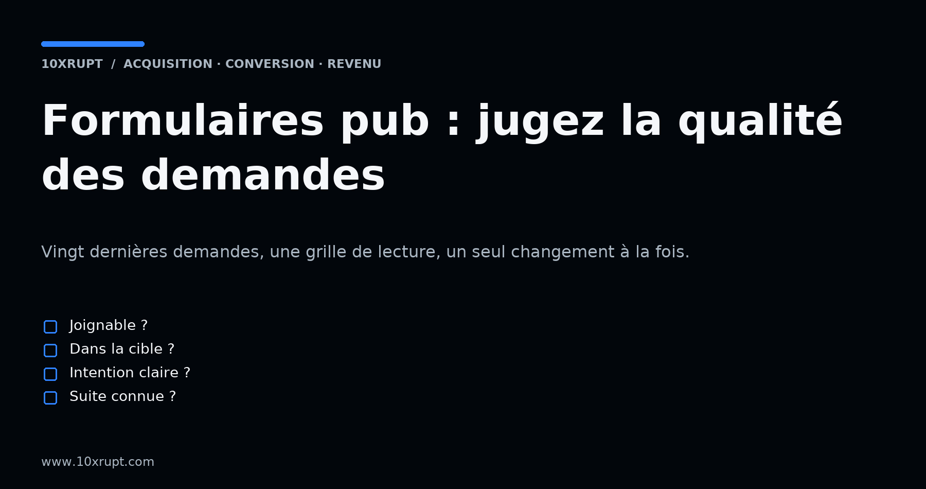 Couverture : quatre questions pour juger une demande reçue par formulaire publicitaire : joignable, dans la cible, intention claire, suite connue.