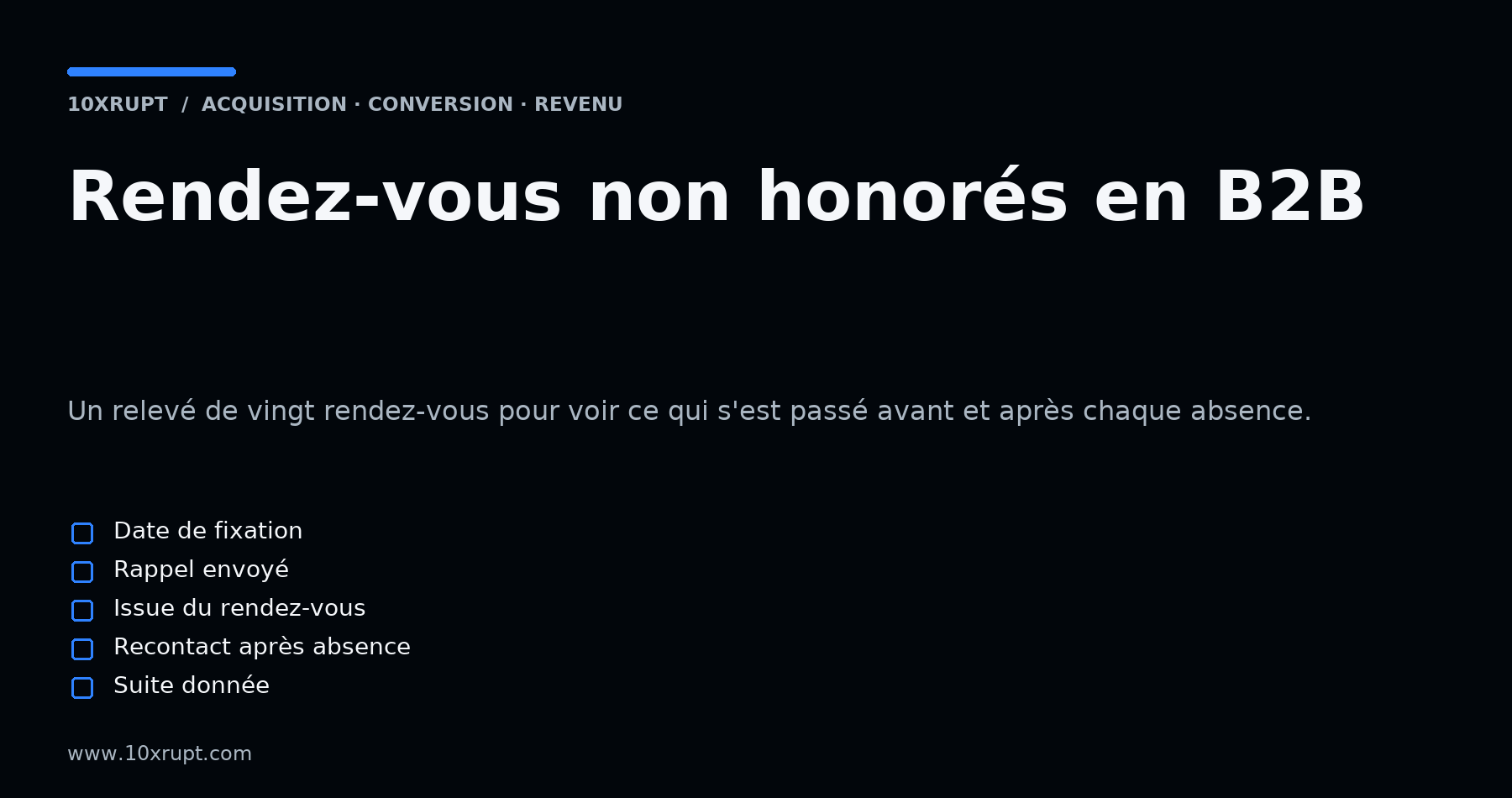 Cinq points relevés pour chaque rendez-vous commercial : date de fixation, rappel, issue du rendez-vous, recontact après absence, suite donnée.